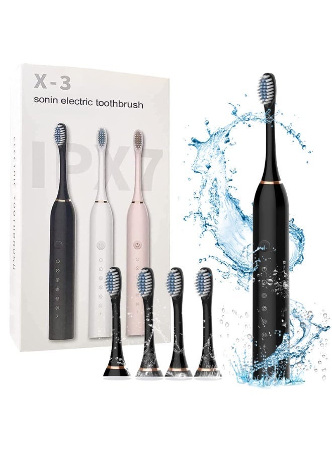 Joudi Electric Toothbrushes, USB Rechargeable Ultrasonic Tooth Brush with 4 Brush Heads 6 Cleaning Modes and Smart Timer IPX7 Waterproof Cleaning Toothbrushes for Adults and Kids（Black） - Image 1